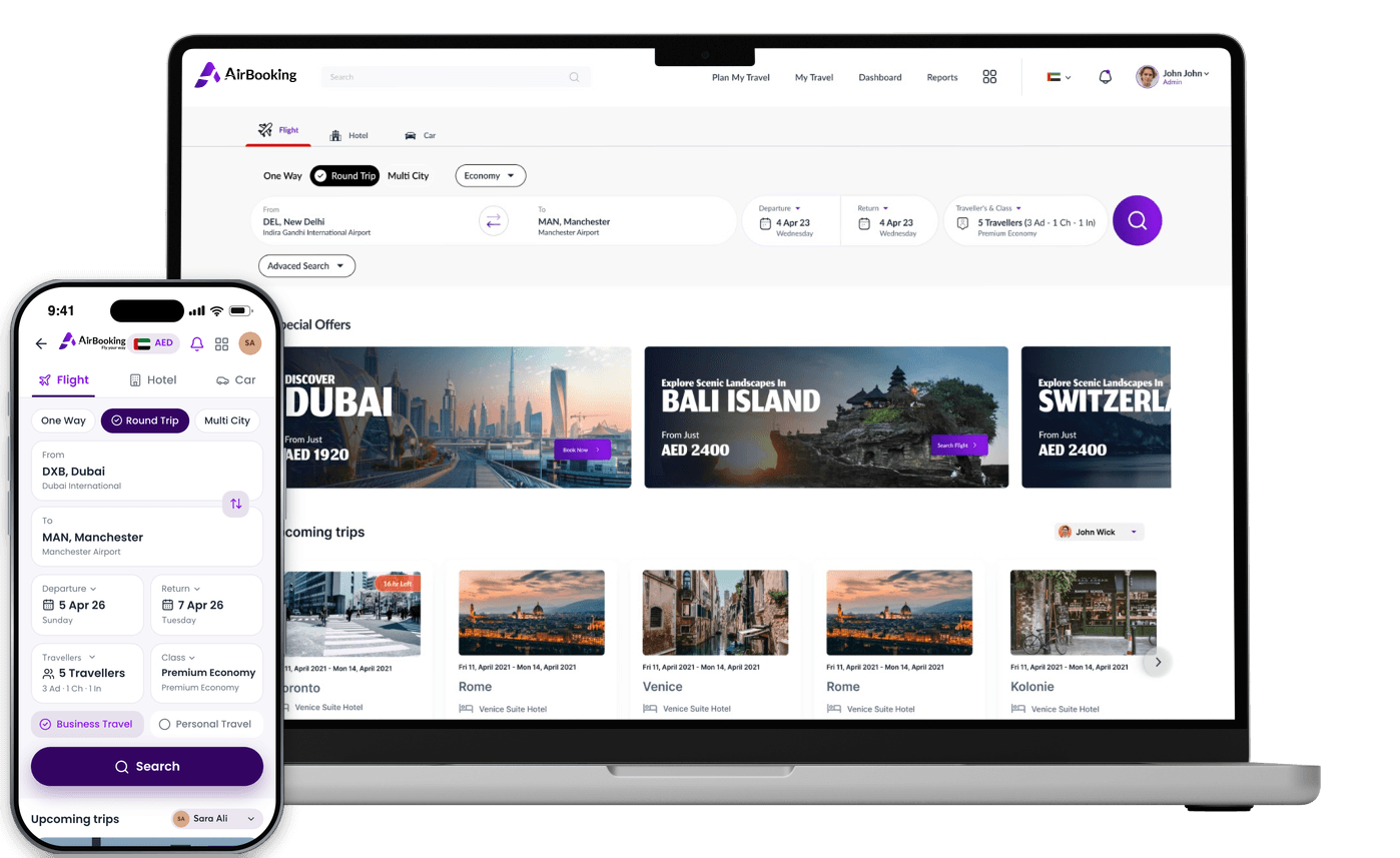 AirBooking booking platform on a laptop and a phone