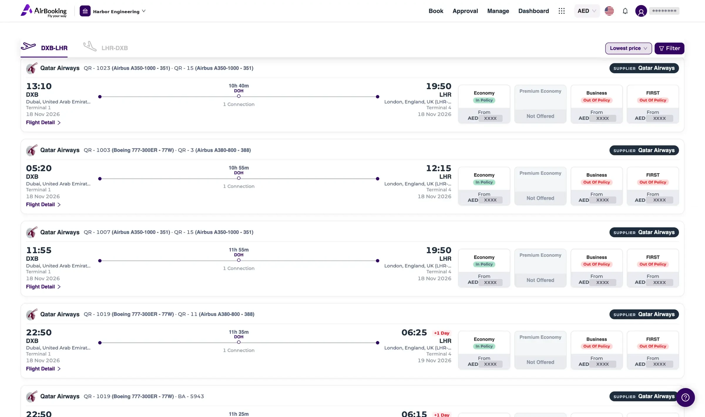 Flight results: each flight shows Economy, Premium Economy, Business and First, with Economy In Policy and Business and First Out Of Policy