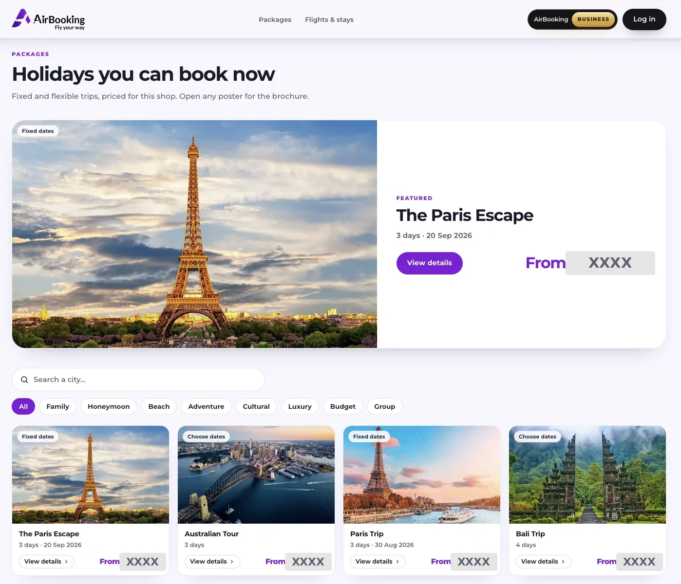 Shop catalogue with packages guests can book, each with a From price
